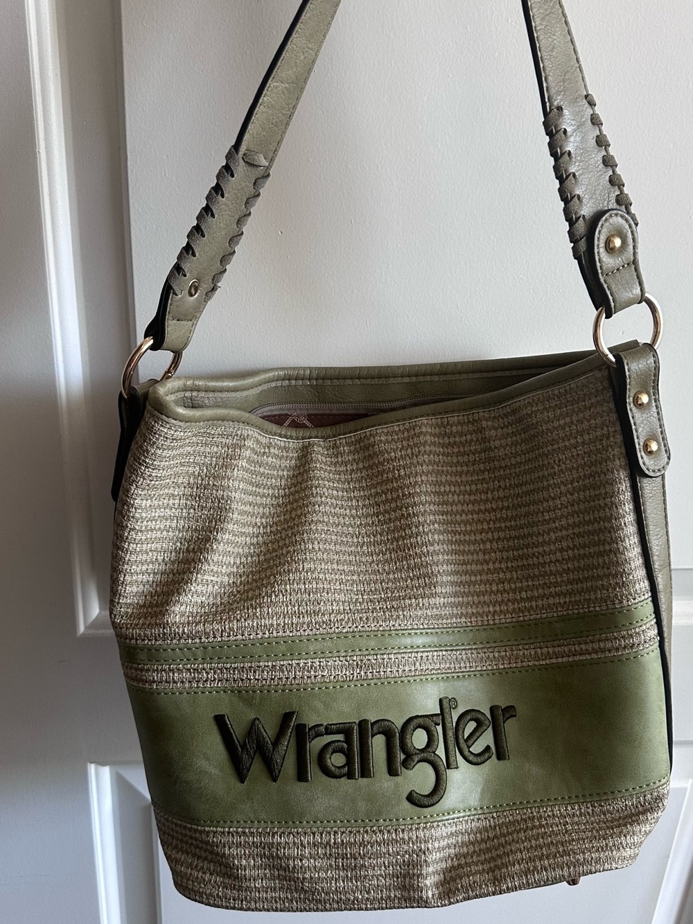 Wrangler Green Canvas & Leather-Trim Shoulder Bag